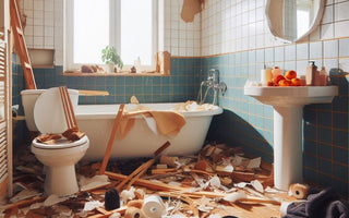 Chaotic bathroom renovation scene with scattered debris and tools. A cluttered bathtub, toilet, and sink amidst broken tiles and planks evoke a major remodel in progress, illuminated by natural light from the window.