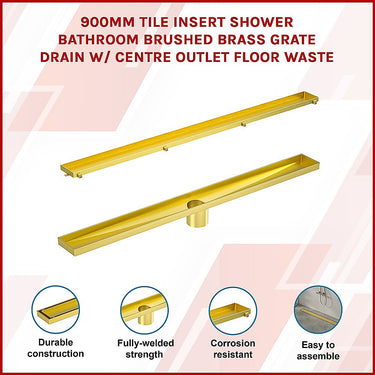 900mm Tile Insert Bathroom Shower Brushed Brass Grate Drain w/ Centre outlet Floor Waste